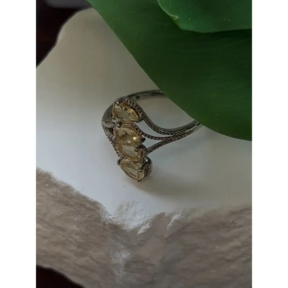 925 Sterling Silver Pear Cut 4 Stones Yellow Citrine Ring Size 10